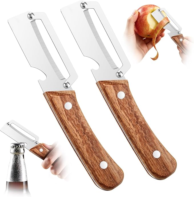 2-in-1 Premium Vegetable Peeler with Wooden Handle and Bottle Opener, Multifunctional Stainless Steel Kitchen Tool for Fruit Apple Potato Pumpkin Papaya