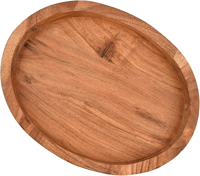 Tray Acacia Wood Oval Large Tray with Handle Food Serving Trays for Living Room Home Dining Table (14" X 11" X 2")