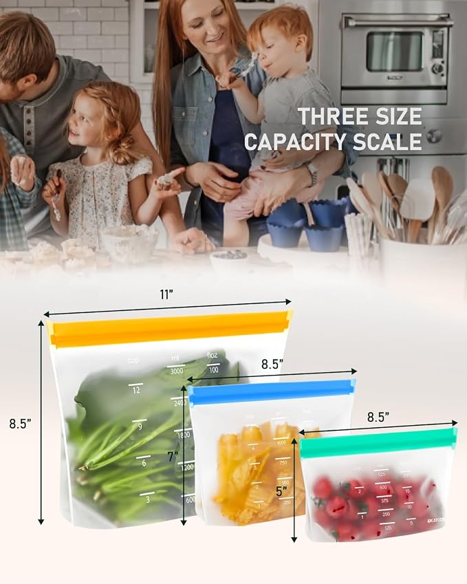 IDEATECH 10 Pack Reusable Quart Freezer Bags, Stand-Up Food Storage Bags | Leakproof, Dishwasher Safe, Stand-Up, BPA-Free Food Grade, Medium Size with Measurement Marks for Lunch, Snacks & Meal Prep