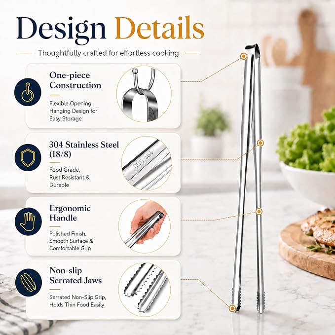 Kitchen Tongs Set of 3 with Storage Case, 304 Stainless Steel Cooking Tongs, 11.5”, 9.5” & 6” Serrated Non-Slip Tips for Grilling, Frying, Salad, Pasta, Ice Cubes (Silver)