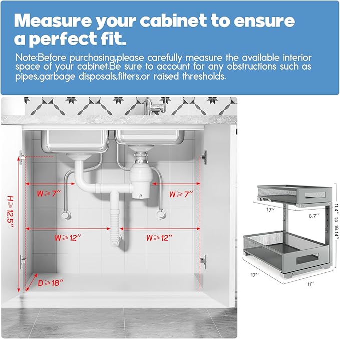 1 Pack 17IN Depth Under Sink Storage Organizer, Large 2-Tier Elegant Mesh Pull Out Shelf for Kitchen and Bathroom Cabinet Organization, L-Shaped and Adjustable Height Design-Gun Gray