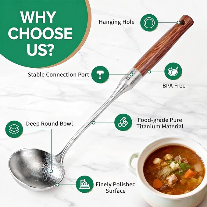 Newness Soup Ladle, [Rustproof, Heat Resistance] Resilient Pure Titanium Soup Spoon with Long Ergonomic Natural Wooden Round Handle, Non-Toxic Cooking Spoon for Kitchen, 14.56 Inches