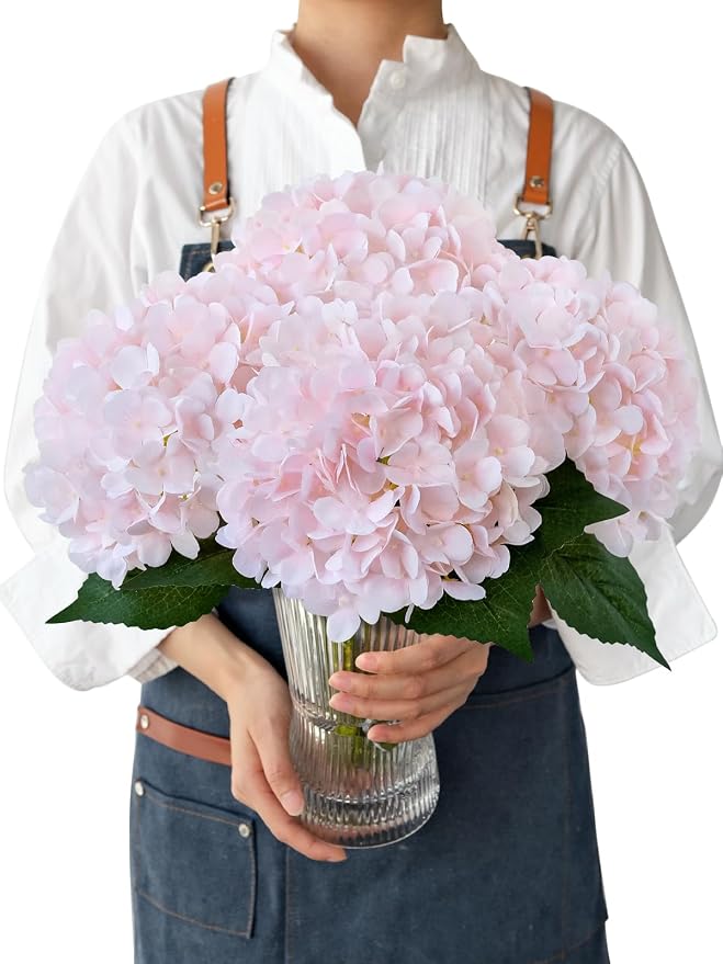 JINWOE Light Pink Flowers Silk Artificial Hydrangeas, 4Pcs 21" Lifelike Boho Large Flowers with Stems, Artificial Flowers for Wedding Porch Outdoor Bouquet Table Centerpieces Home