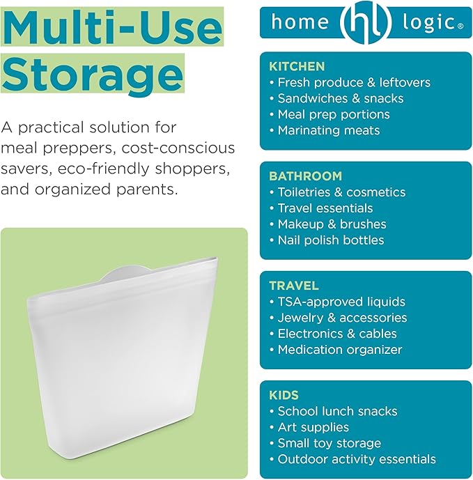 Home Logic Reusable Sandwich Bags - Set of 6 Clear Silicone Freezer Bags, Airtight Leak Resistant Reusable Zip Bags for Kitchen Home Food Prep, Microwave & Sous Vide Safe