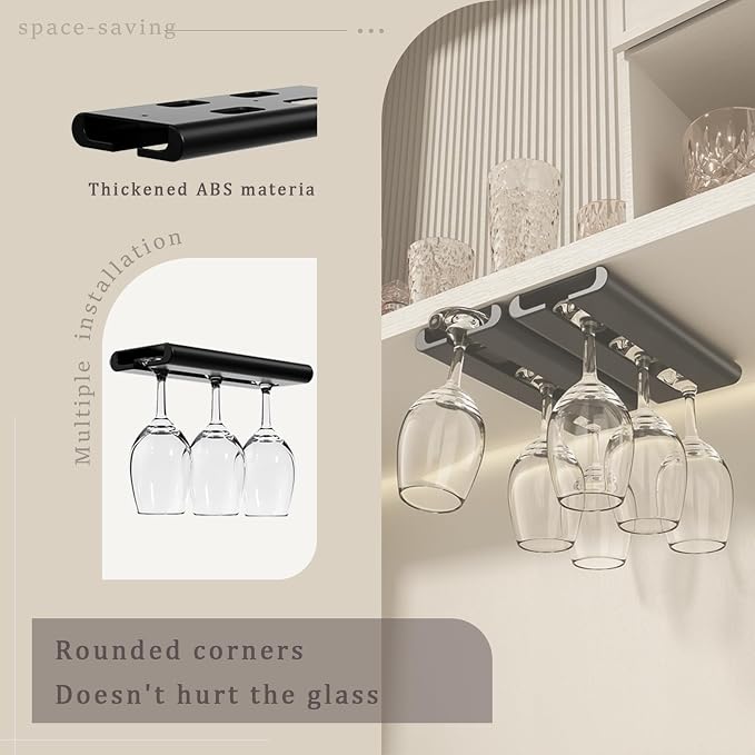 Wine Glass holder, 4Pack Wine Glass Rack, Punch-free Wine Glass Holder Under Cabinet, Stemware Rack for Kitchen and Bar (Black)