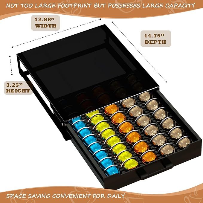 Vertuo Pod Holder Drawer with Deluxe Black Tempered Glass Top, Compatible for Nespresso VertuoLine Pods, Holds up to 75 Small or 50 Big Vertuo Pods Compact Design (Piano Black Nespresso Pods Holder)