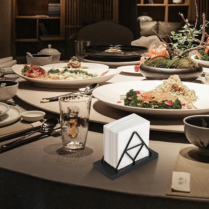 Napkin Holder, Metal Wire Triangle Shape & Wooden Paper Towel Holder, Napkin Holder for Table, Modern Napkin Dispenser for Kitchen, Table Decor, Cocktail Bar (Black)