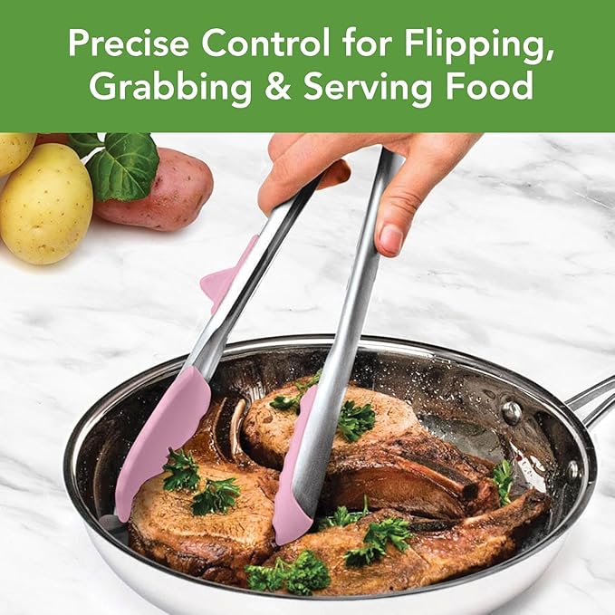 Tovolo Tongs With Silicone Tips Easy Grip 13" Long Kitchen Tongs Stainless Steel Handle For Cooking, Non Scratch Heat Resistant Locking Tongs Silicone Tipped Dishwasher Safe BPA Free, Pink Sorbet