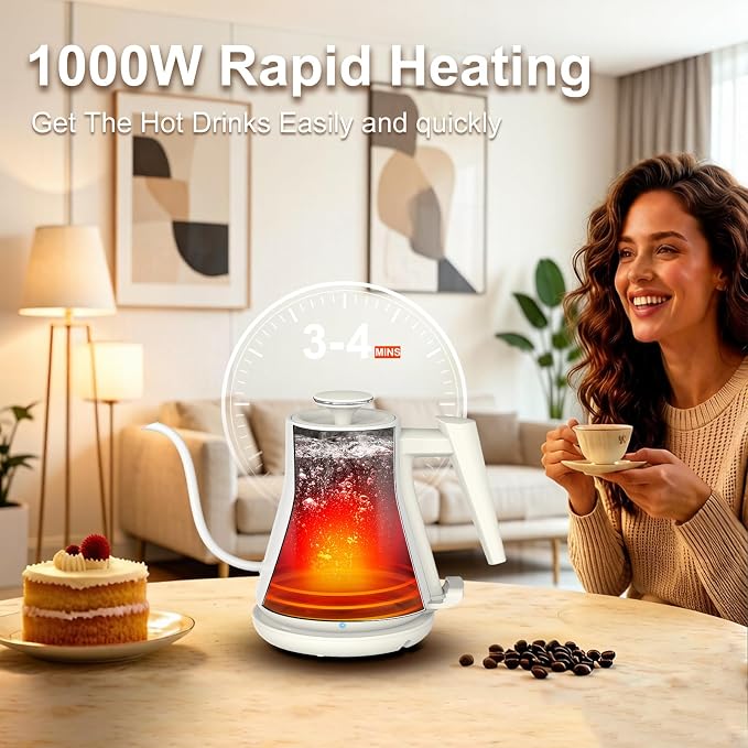 Gooseneck Electric Kettle 0.8L (27oz) - 1000W Rapid Fast Boiling Tea Kettle with Auto Shut Off, Stainless Steel Leak-Proof Elegant White Water Boiler