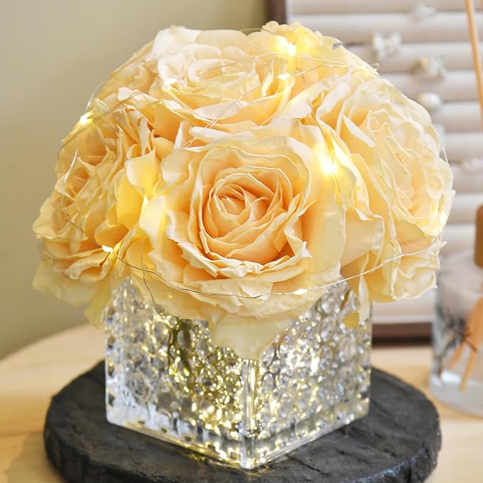 Artificial Rose in Glass Vase Vintage Silk Flower Arrangement with LED Light for Table Centerpiece Home Wedding Decoration (Champagne)