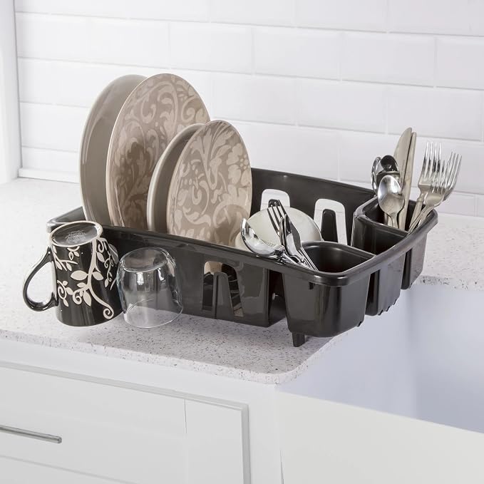 Dish Drying Rack with Drainboard Set, All-in-1 Kitchen Dishrack with Inclined Base for Quick Water Drainage, Black Plastic Dish Drainer