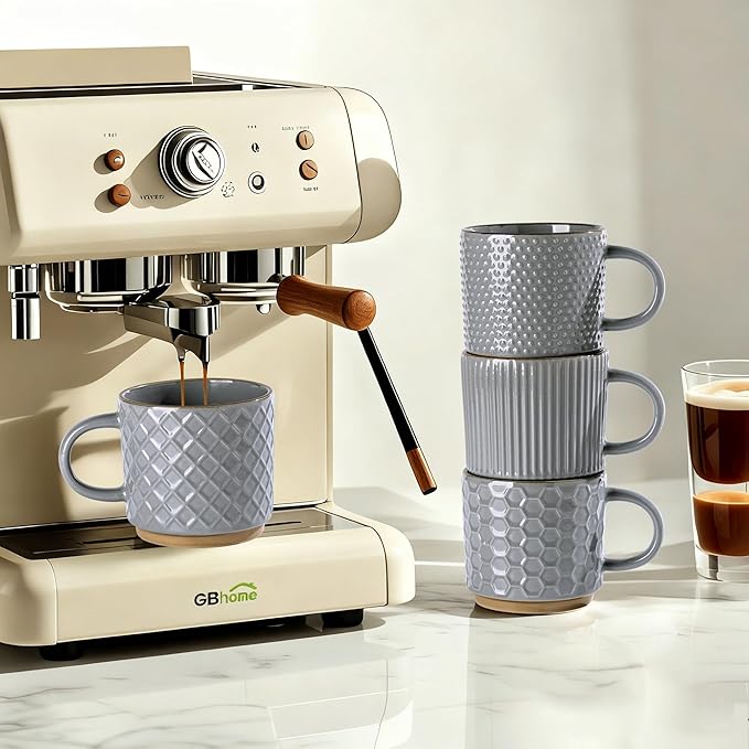 GBhome 8OZ Stackable Coffee Mugs Set of 4, Ceramic Coffee Mugs with Texture Patterns for Man,Woman,Dad,Mom, Modern Coffee Cups for Latte/Cappuccino/Cocoa. Dishwasher&Microwave Safe, Gray