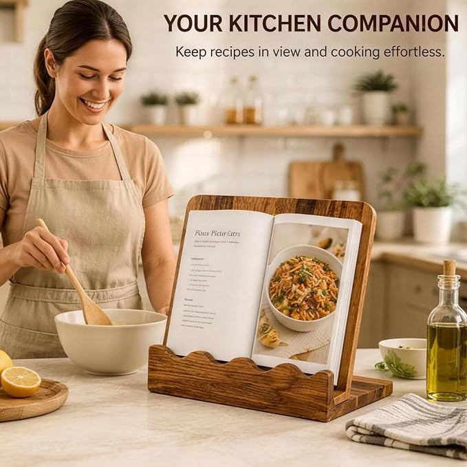 Wooden Cookbook Stand with Wave Edge Detachable Cutting Board Recipe Book Holder for Kitchen Countertop