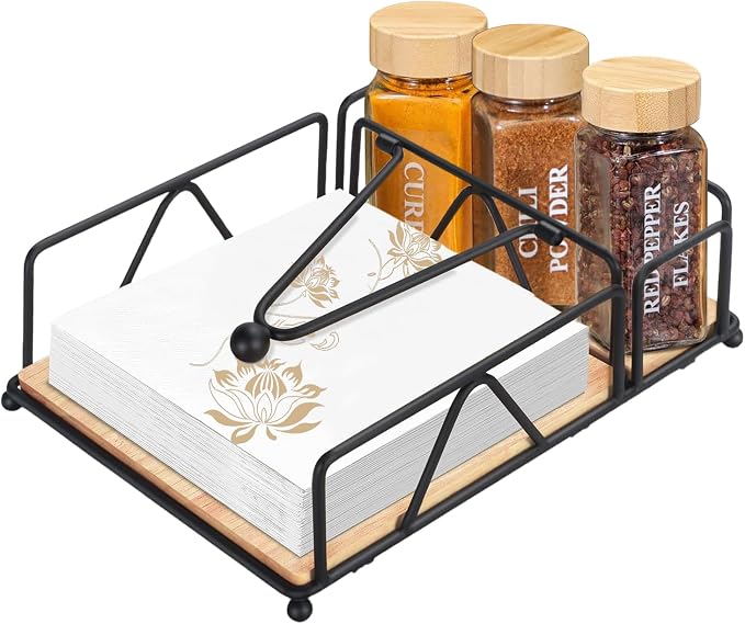 Napkin Holder for Table with Wooden Base, Metal Napkin Dispenser with Salt and Pepper Shakers Caddy, Modern Square Napkin Holders for Dining Table Decor, Kitchen, Outdoor, Party