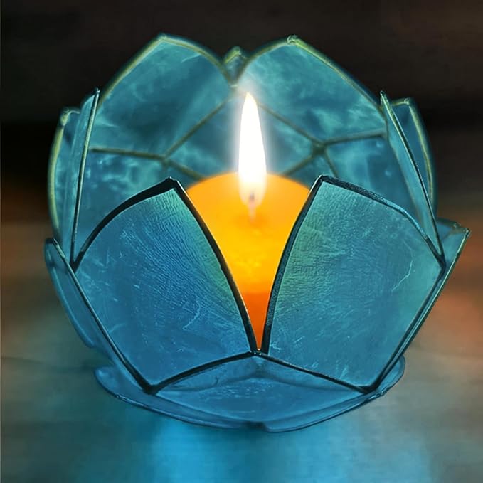 Bowery Hill Handcrafted Capiz Shell Tea Light Holder, Aquamarine Blue, Lotus Flower Design, Translucent Finish, Decorative Candle Holder for Centerpieces, Bathrooms, Meditation Spaces