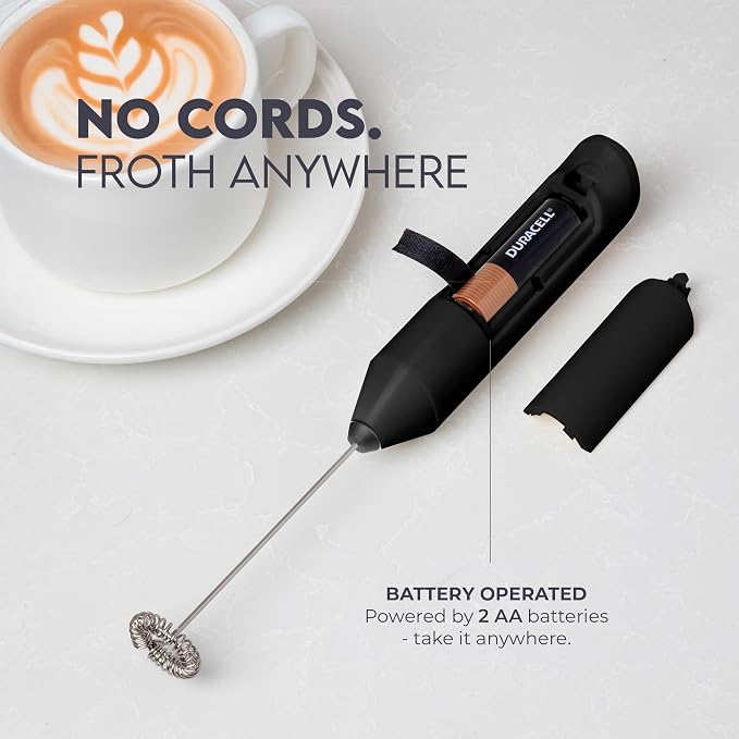 Zulay Kitchen Powerful Milk Frother AA Batteries Included – Ultra Fast Handheld Drink Mixer with Stainless Steel Whisk Stirrer for Coffee, Protein, Matcha & More, Frother Wand Electric Frothmate