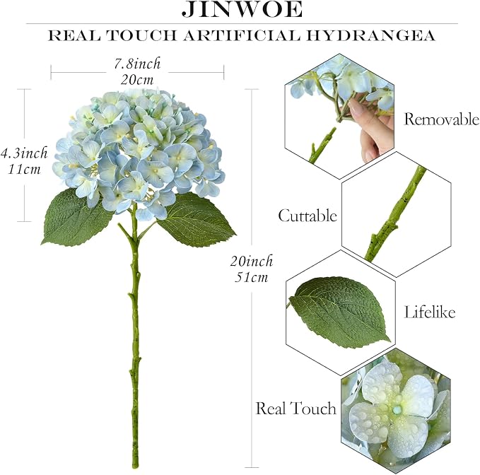 JINWOE Light Blue Hydrangea Artificial Flowers,4Pcs 20" Real Touch Lifelike Silk Artificial Hydrangeas, Full Fake Flowers for Bouquet Table Centerpieces Spring Wedding Indoor Home