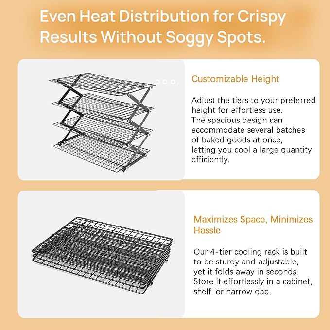 4-Tier Collapsible Cooling Rack with Adjustable 3 Setting, Wire Cooling Roasting Cooking Baking Drying Rack for Cookies Bread Turkey, Candy, Fruit, Snacks