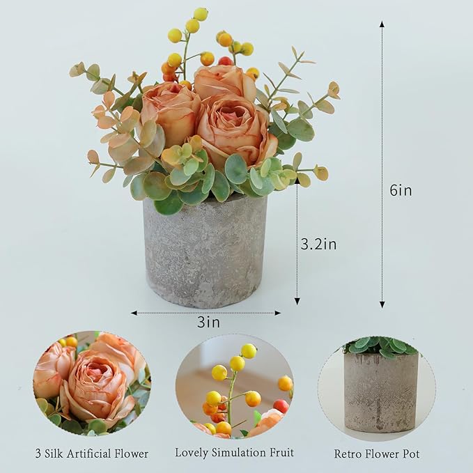 Small Artificial Burnt Orange Rose Potted Plant, 6" Fake Silk Flowers in 3" Cylindrical Pot, Mini Faux Floral Arrangement for Desk Shelf Bathroom Decor
