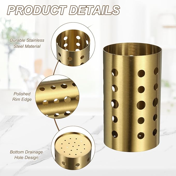 uxcell Kitchen Utensil Holder, 3.9x6.7 Stainless Steel Utensil Cutlery Holder Round Flatware Organizer with Drain Hole for Kitchen Restaurant Countertop Straw, Spoon, Chopstick, Gold