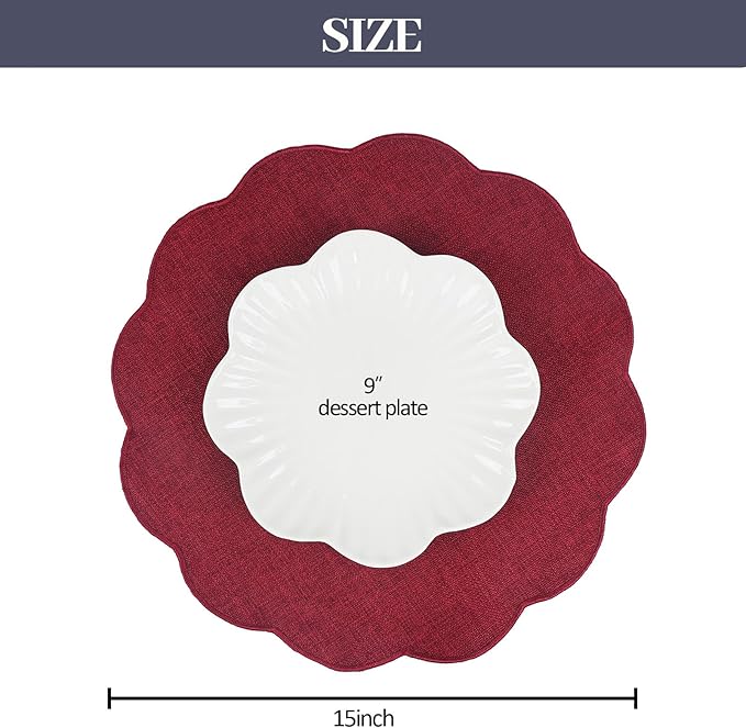 AHHFSMEI Round Faux Linen Placemats Set of 6 Heat Resistant Non-Slip Stain Proof Table Mats for Kitchen Dining Elegant Decor Place Mats (Burgendy red,6)