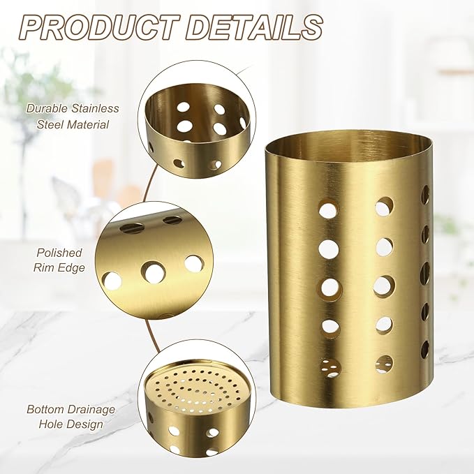 uxcell Kitchen Utensil Holder, 4.53x6.7 Stainless Steel Utensil Cutlery Holder Oval Flatware Organizer with Drain Hole for Kitchen Restaurant Countertop Straw, Spoon, Chopstick, Gold