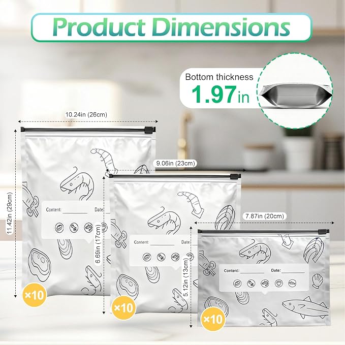 90PCS Reusable Aluminum Foil Sealable Storage Bags, Upgrade Vacuum Zipper Pouches for Food, Stand Up Foil Sealable Bags with a Stand-Up Bottom Design Preservations Bags for Vegetable Fruit Meat (90)