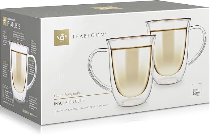 Teabloom Double Walled Borosilicate Glasses – Set of 2 Insulated Glass Cups for Tea, Coffee and More - 12 oz / 350 ml – Canterbury Bells Collection