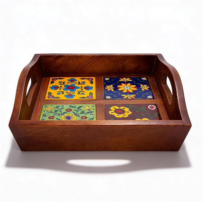 Craft Trade Square Mango Wood Serving Tray with 4 Fitted Ceramic Tiles Multipurpose Wooden Serving Platter with Handles, Decorative Tea Coffee Snack Tray for Home Kitchen Dining & Gifting - 9x9x3 Inch