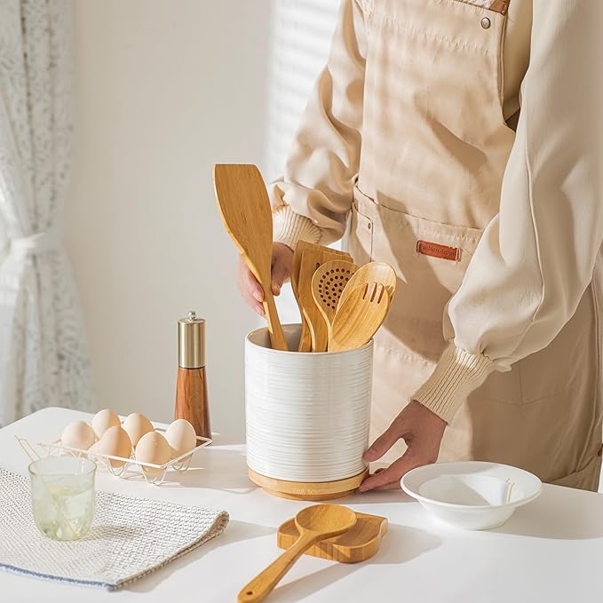 Utensil Holder, Ceramic Kitchen Spatula Holder For Countertop 9-Pcs Set with Spatula, 7.6" Large Utensil Organizer for Spoon, 360° Rotating Cooking Utensil Crocks Farmhouse Kitchen Counter Decor White