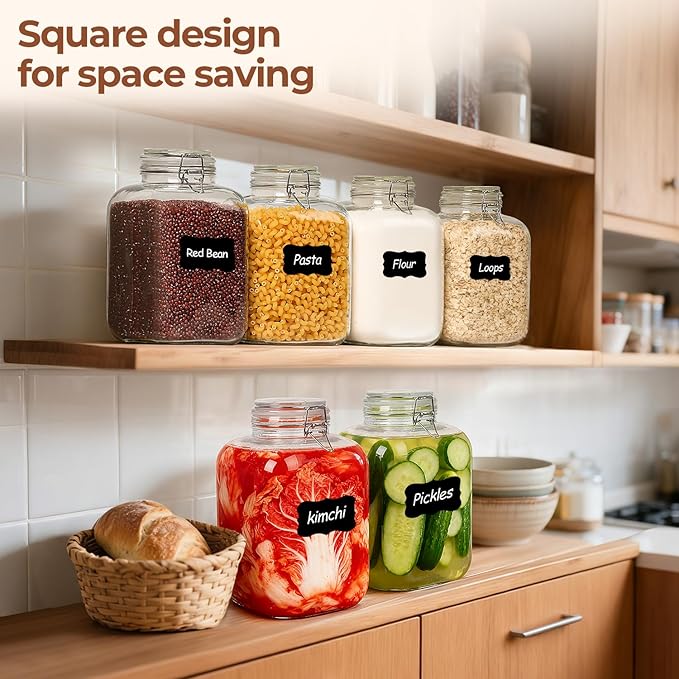 ComSaf 1.1 Gallon (4L) Square Glass Jars 2-Pack - Large Airtight Food Storage Canisters with Clamp Lids for Bulk Flour, Rice, Sugar, Coffee Beans, Fermentation, Pickling, Farmhouse Pantry Organization