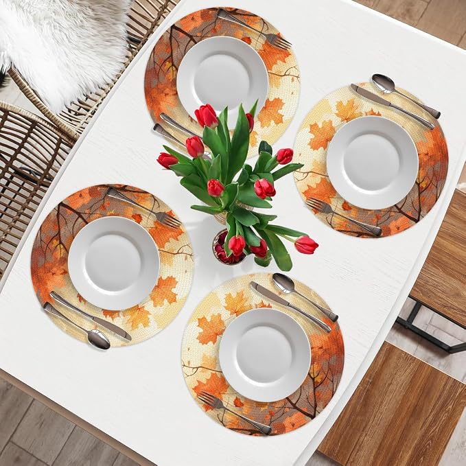 Round Placemats Set of 4, Fall Maple Leaves Branches Woven Placemats Mats Non-Slip Heat Resistant Washable Table Mats Round Braided Place for Farmhouse Kitchen Dining Party Decor 15in