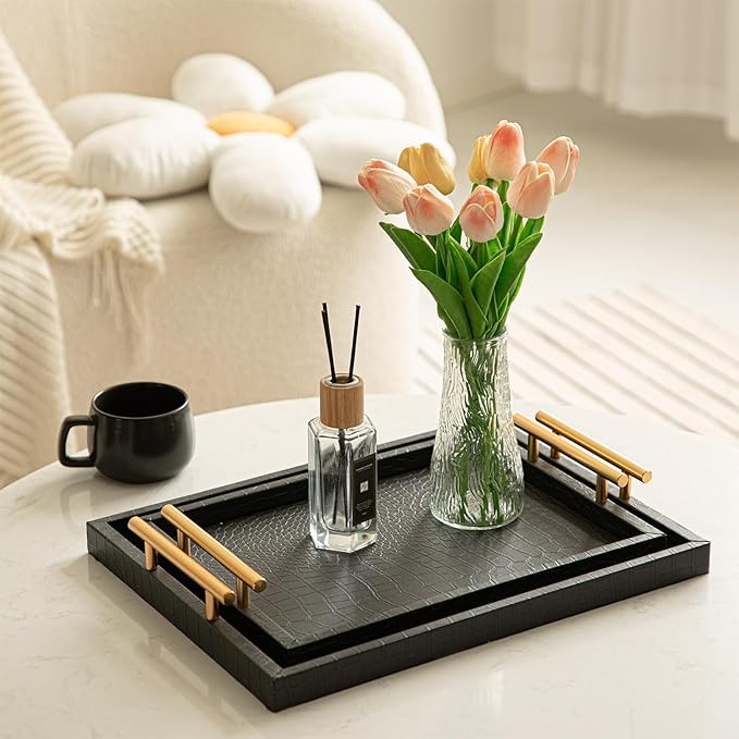 Modern Elegant Large Wood Serving Tray, Set of 2 Black Crocodile Leather with Gold Polished Metal Handles, Home Decorative Rectangle Ottoman Decor Platter Living Room Bathroom Vanity Tray