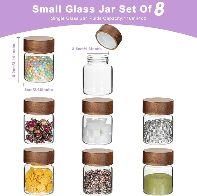 4 oz Glass Spice Mason Jars with Screw Wood Lid 8 pcs Airtight Small Glass Jars Seasoning Herb Containers Food Storage Canister for Sugar Coffee Bean Ground Pantry Cookies Salt (4oz(118ml)*8 pack)