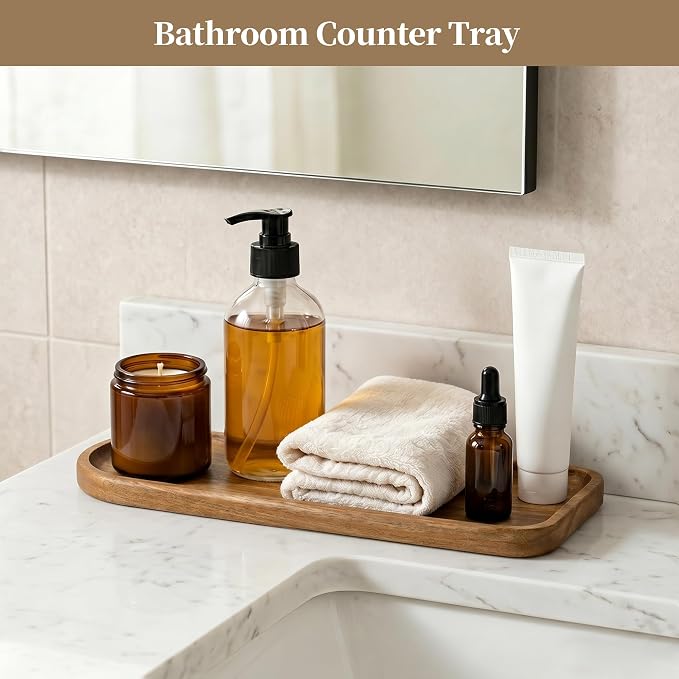 Small Wooden Tray | Acacia Wood Tray for Vanity, Bathroom Counter, Coffee Table & Toilet | Perfect for Jewelry, Remote, Keys & Catch All | Mini Charcuterie Board Serving Platter (Racetrack-Shaped)