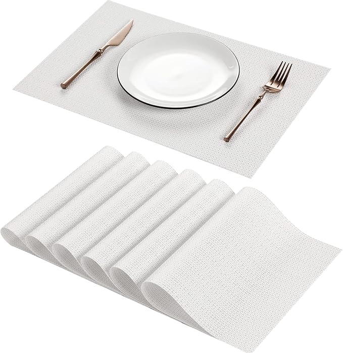 AHHFSMEI Placemats Set of 6 Washable Woven Vinyl Placemats for Dining Table Heat Resistant Non-Slip Stain Resistant Table Mats for Kitchen & Home Decor(White,6)