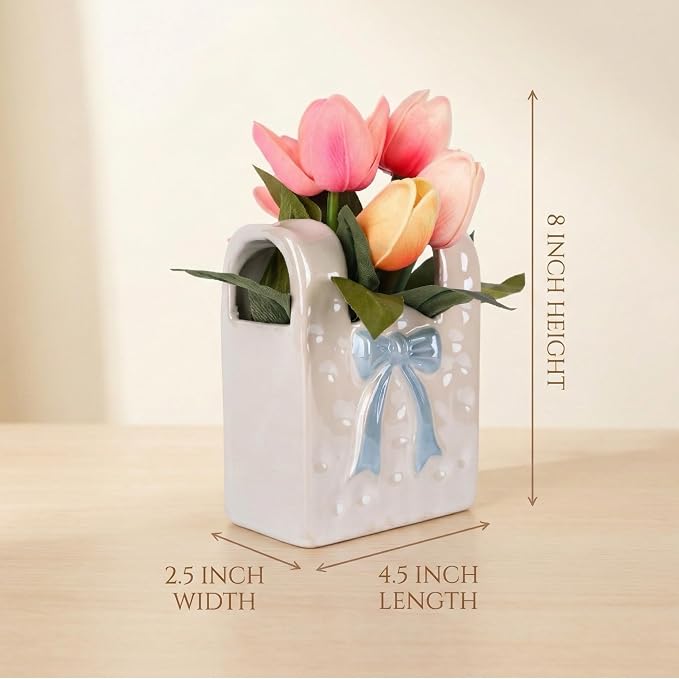 Spring Decor, Artificial Tulips in Ceramic Vase Spring Easter Table Centerpiece for Home Indoor Table Shelf Mantel Living Room Bathroom Bedroom Dining Coffee Bar Kitchen Decoration
