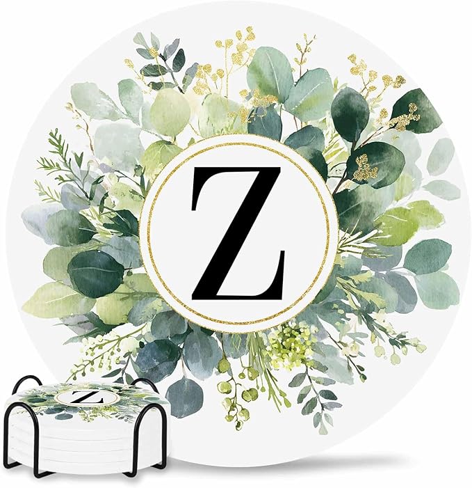 Coasters Set of 4 Letter Z Drink Coasters with Holder Absorbent Stone Ceramic Cup Mat Alphabet Green Eucalyptus Leaves Coaster for Drinks Coffee Bar Office Kitchen Cafe Home Decor