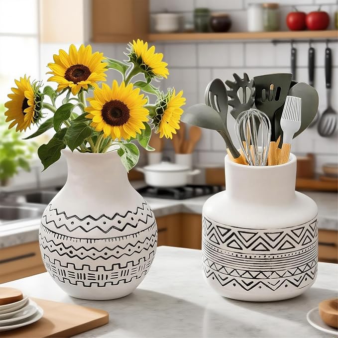 Handcrafted Ceramic Vase Set of 2 — Geometric Boho Farmhouse Flower Vase Centerpiece for Kitchen/Home Decor/Living Room, Ceramic Kitchen Utensil Holder for Countertop