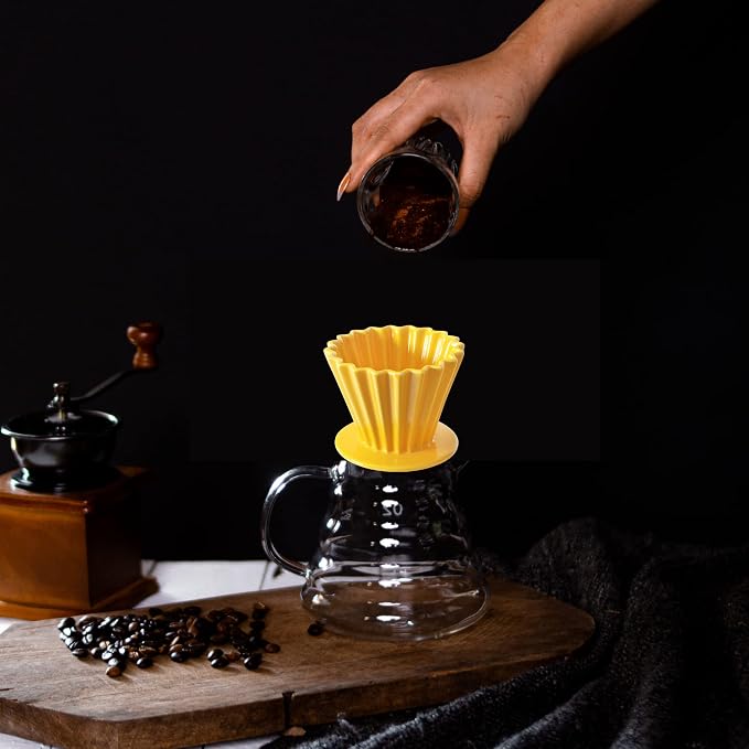 Needzo Pour Over Coffee Dripper Yellow Ceramic Slow Brewing Accessories for Home, Cafe, Restaurants, Reusable Barista Brew Cup, 4.5 x 3.5