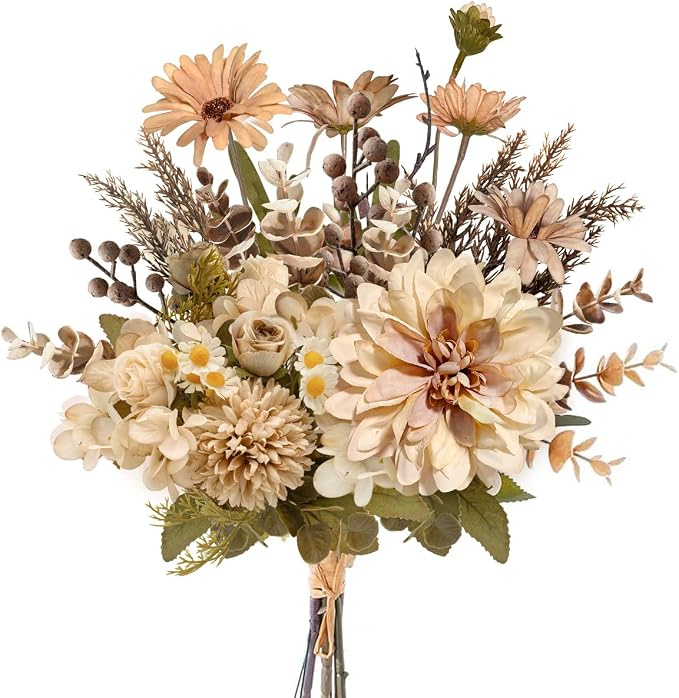 16-inch Artificial Fake Flowers Silk Table Arrangements Faux Plastic Floral Centerpieces for Home with Roses, Dandelions, Daisies, Hydrangea, Eucalyptus, Chrysanthemums and Hollyberries