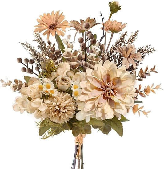 16-inch Artificial Fake Flowers Silk Table Arrangements Faux Plastic Floral Centerpieces for Home with Roses, Dandelions, Daisies, Hydrangea, Eucalyptus, Chrysanthemums and Hollyberries