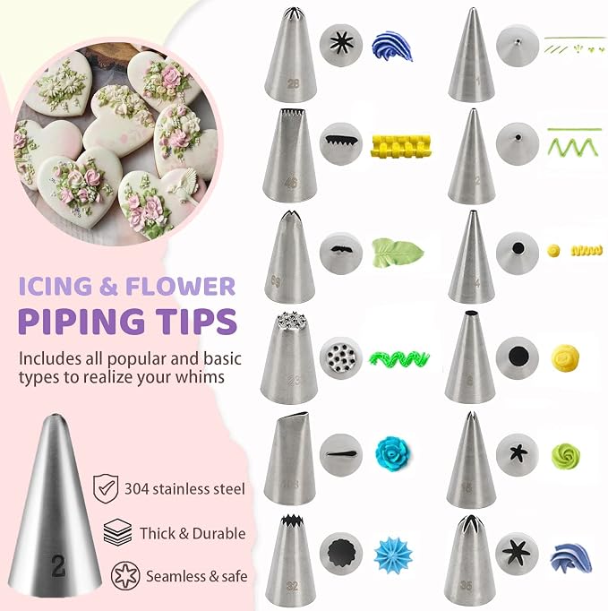 LUSHYUM Cookie Decorating Kit 118pcs with Storage Case, Royal Sugar Piping Bags and Tips Icing Supplies Set, Turntable Scribe Decoration Tools for Kids & Cookie Holiday Christmas Valentine