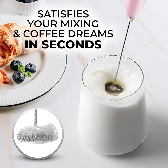 Zulay Powerful Milk Frother for Coffee with Upgraded Titanium Motor - Handheld Electric Whisk, Milk Foamer, Mini Mixer & Coffee Blender for Frappe, Latte, Matcha, No Stand - Innocent Pink