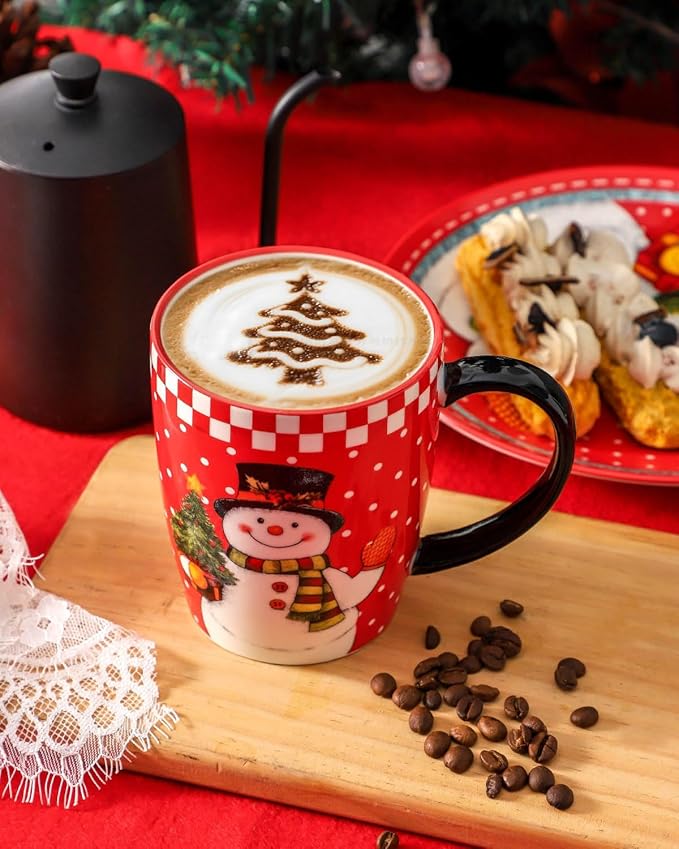 HASENSE Coffee Mugs Set of 6, Ceramic Coffee Cups with Handle, Large Christmas Latte Cup for Tea, Hot Cocoa, Milk, Stylish Mug for Holiday Gift, Dishwasher and Microwave Safe, Red