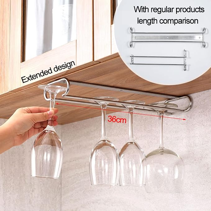 V3VOGUE 2 Pack Hanging Wine Glass Rack, 14" Stemware Wine Cup Holder Glasses Storage, Chrome Finished Under Cabinet Wine Champagne Goblets Holder for Kitchen Bar (Color : Black, Size : 2pcs)