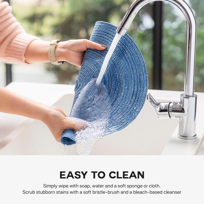 Round Placemats Set of 8 Woven Placemats Washable Braided Table Mats for Dining Table Heat Resistant Non-Slip Circle Place Mats(Mid Blue)