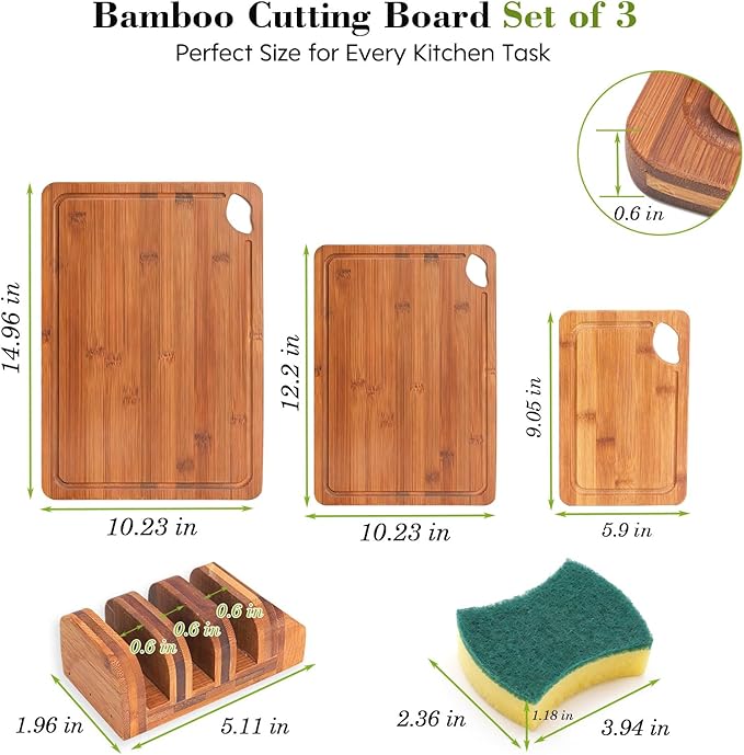 Bamboo Cutting Board 5-Piece Set,Deep-Carbonized Reversible Charcuterie Boards With Juice Grooves,Include Storage Stand&Cleaning Sponge,Knife Friendly,Sturdy,Perfect Kitchen Gift Set