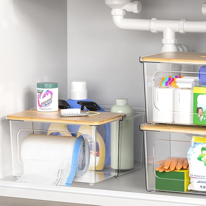 iCASA Trash Bag Dispenser Under Sink Organizer, 2-in-1 Acrylic Trash Bags Holder with Bamboo Lid, Holds Large Rolls up to 100 Count, Garbage Bag Storage Container for Kitchen, Pantry, Laundry Room