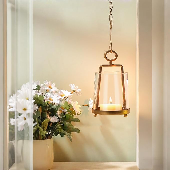 3.3" Wide Modern Farmhouse Metal Hurricane Candle Holder with Handmade Sturdy Glass Sleeve in Antique Brass for Pillar Candle & Plants, Glass Hurricane Lantern, Industrial, Minimalistic